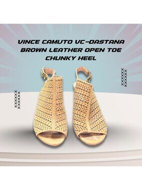 Vince Camuto Brown Perforated Leather Open Toe Chunky Heel Sandals With Adjustab